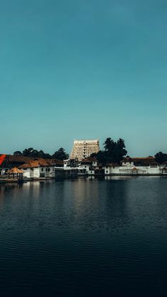 a large body of water with houses on the shore and trees in the back ground