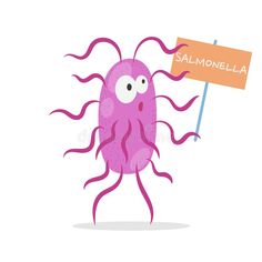 a cute pink cartoon character holding a sign with the name salmonella on it royalty illustration