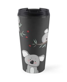 a black travel mug with koalas and berries on it