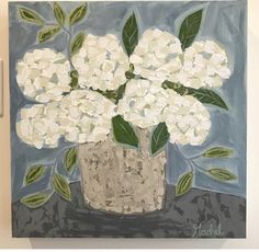 a painting of white hydrangeas in a vase on a blue and gray background