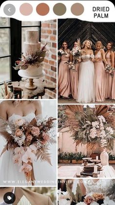 the bridesmaids are all dressed in different styles and colors, with their bouquets