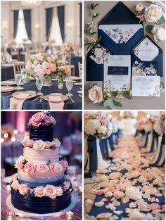 a collage of photos with different types of wedding cakes and flowers on them,