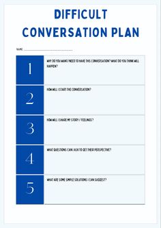 a blue and white checklist with the words difficult conversation plan on it's side