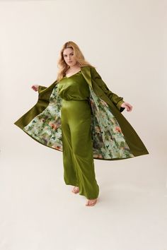 Caterina Stretch Satin Coat | Plus-Sized (12-24) Women's Clothing | Size – Gabriella Rossetti Elegant Green Silk Outerwear, Satin Coat, Silk Coat, Silk Tunic, The Oscars, Wrap Coat, Leaf Green, Silk Charmeuse, Stretch Satin