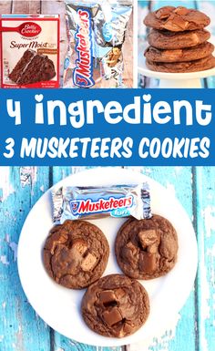 chocolate cookies are stacked on top of each other with the words, 4 ingredients for 3 muskers cookies