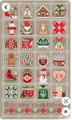 a cross stitch pattern with christmas decorations and numbers on the front, in grey background