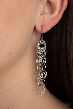 Strands of shiny silver links cascade from the bottom of a dainty hook shaped hoop, creating a rebellious fringe. Hoop measures approximately 1/2" in diameter. Earring attaches to a standard post fitting.

 Sold as one pair of hoop earrings. Paparazzi Jewelry Images, Paparazzi Accessories Jewelry, Silver Strand, Link Earrings, Paparazzi Accessories, Chic Jewelry, Paparazzi Jewelry, Long Live, Shiny Silver