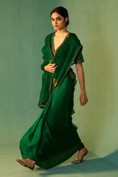 Buy Green Habutai Silk Hand Embroidered Dori Devika Saree For Women by Nishar Ahmed Online at Aza Fashions. Eid Silk Pre-draped Saree With Gota Work, Green Pre-draped Saree With Gota Work For Eid, Traditional Silk Sets With Zari Work, Bollywood Style Art Silk Pre-draped Saree With Sheer Dupatta, Silk Sets With Zari Work In Traditional Drape, Traditional Drape Silk Sets With Zari Work, Festive Silk Pre-draped Saree, Transitional Silk Saree With Dori Work, Elegant Pre-draped Saree With Gota Work