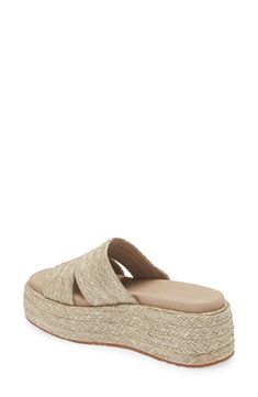 Bask in the sunshine with this paradise-ready raffia sandal lifted by a thick platform sole. 2" heel; 1 1/2" platform Textile upper/leather lining/rubber sole Imported Raffia Sandals, Platform Slides, Slide Sandals, Womens Sandals, Nordstrom, Sandals, Heels, Leather