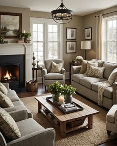 a living room filled with furniture and a fire place under a chandelier in front of a window