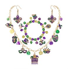 PRICES MAY VARY. MARDI GRAS JEWELRY ACCESSORY --Traditional Mardi Gras Beads necklace are essential for any New Orleans style Mardi Gras Party and Parade.Roll down Royal Street with this awesome Mardi Gras charm necklaces earrings bracelet . These glittery MARDI GRAS fleur-de-lis pendant on the gold chain necklace completes the aristocratic look! Add shine to the rest of your Mardi Gras themed accessories and apparel with this fleur de lis drop earring necklace and purple green gold beaded stret Party Multicolor Charms Necklaces, Party Jewelry With Adjustable Chain And Round Beads, Multicolor Charm Jewelry For Birthday, Multicolor Charms Jewelry For Birthday, Multicolor Birthday Jewelry With Charms, Party Costume Jewelry With Dangling Beads, Party Jewelry With Dangling Metal Beads, Purple Party Jewelry With Adjustable Chain, Beaded Metal Jewelry Sets For Party