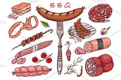 sausages, hot dogs and other meats on a white background - food objects