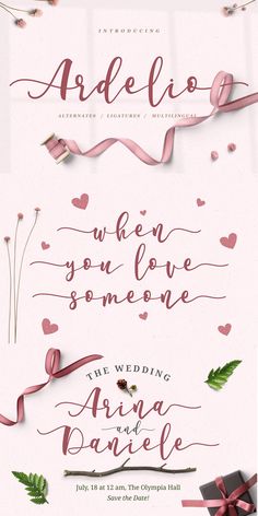 the wedding stationery is designed to look like it has hearts and ribbons on it