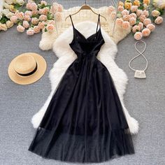 Size Chart（cm） Size S M L Bust 84 88 92 Length 124 126 128 Waist 66 70 74 Band：Orchidmet Product Type:Mini Dress Style:Temperament Sleeve Length: sleeveless Collar-line: V-neck Waist Type: Normal Pattern Type:Solid Package:1*Dress Size tips: 1. Manual measurement, around 1cm difference allowed. 2. Due to reason of light and display,there may be a slight color difference between the picture and real product . Secret Escapes, Sling Dress, Soft Grunge, Kawaii Clothes, Backless Dress Formal, Black Dress, Mesh, Sleeve Length, Mini Dress