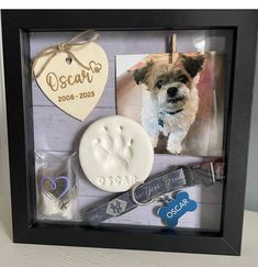 a dog's paw print is displayed in a shadow box with other personal items