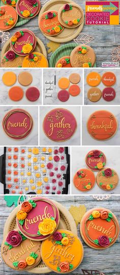 an assortment of decorated cookies with the words, name and number on them in different colors