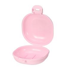 a pink plastic lunch box on a white background