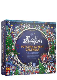 the popcorn advent calendar is on display in front of a white background with christmas trees