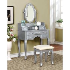 Cambriah Transitional Style Vanity Table & Stool in Silver - SKYLINE DECOR Silver Vanity Set, Silver Vanity, Padded Stool, Traditional Vanity, Transitional Vanity, Vanity Set With Mirror, Upholstered Stool, Bedroom Vanity, Vanity Stool