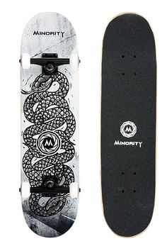 the skateboard is black and white with an intricate design on it's side