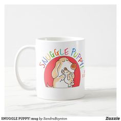 a white coffee mug with a cartoon dog on it