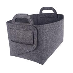 a gray felt storage basket with handles and two pockets on the front, sitting upright