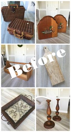 several different types of wooden furniture on the floor and in front of them are pictures of old suitcases