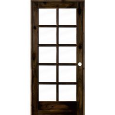 an open wooden door with glass panels on the front and side panel, against a white background