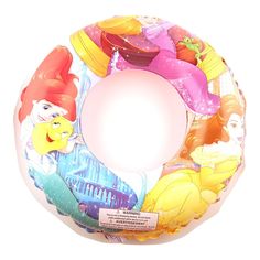 an inflatable swimming ring with princesses on the front and sides, for children