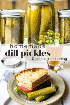 homemade dill pickles and pickling seasoning in mason jars on a table