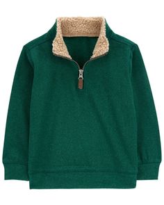 Designed with a half-zip design and faux shearling-lined collar, this cozy sweater is a holiday essential. Fleece Half-zip Top With Fleece Lining, Half-zip Fleece Top With Fleece Lining, Winter Half-zip Sweatshirt With Ribbed Collar, Cozy Fleece Sweater With Ribbed Collar, Fleece Tops For Cold Weather, Winter Half-zip Tops With Ribbed Collar, Cozy Tops With Fleece Lining For Cold Weather, Green Sweaters, Toddler Boy Sweater