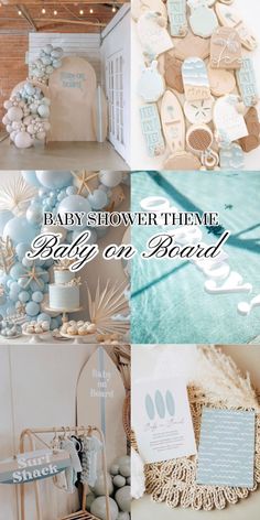 the baby shower theme is blue and white