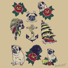 some pug dogs with tattoos on them