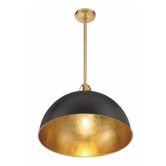 a black and gold pendant light hanging from a ceiling fixture with an oval shade on the top