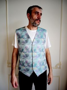 "wedding vest patterned vest mens boho vest mens vest mens waistcoat vest suit Vest Sleeveless Jacket mens hippie vest Abstract vest XL height of the men in the photo - 187 cm Please refer to photos for details of condition. Condition: used, signs of age and wear see pictures Measurements: Length: 68 cm/ 26.8\" Bust: 110 cm/ 43.3\" Waist 105 cm/ 41,3 \" Size XL note The color on the pictures may vary due to monitor settings and light reflections. Ready to ship Please do not hesitate to contact w Fitted Retro Vest For Festivals, Mens Vest Wedding, Vest For Men Wedding, Patterned Vest, Wedding Vest, Vest Suit, Womens Black Vest, Brown Leather Coat, Mens Waistcoat