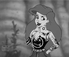 an animated drawing of a woman with tattoos on her arms and chest, holding a black ball