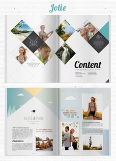 an open magazine with photos and text on the front, side and back pages in different colors