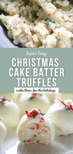 christmas cake batter truffles with white frosting and sprinkles on top