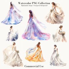 watercolor png wedding gowns with different colors and shapes for each bride's dress