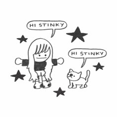 a drawing of a girl and her cat talking to each other with stars in the background