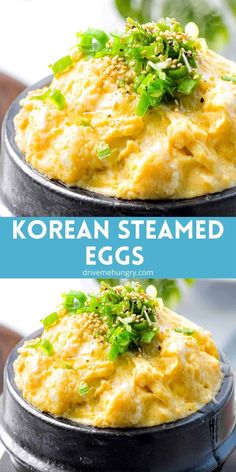 two plates with different types of food on them and the words korean steamed eggs above it