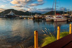 the boats are docked at the marina in the evening time, with mountains in the background