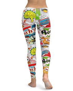 Escape to the world of comic books when wearing the Gearbunch Comic Super Hero Leggings. They feature an all over comic book inspired print with cool text in vibrant green, blue, orange, red, white and blackThese super soft, stretchy leggings are the perfect choice for yoga, the gym, or simply a comfortable evening at home.Be Happy, Be Bright, Be You with Gearbunch Sporty Leggings, 100 Squats, Cool Text, Stretchy Leggings, Plus Size Leggings, Soft Leggings, Squat Proof, Vibrant Green, Fun Prints