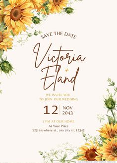 the sunflowers and greenery wedding save the date card