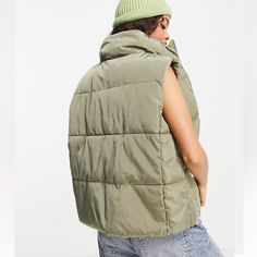 Brand New With Tags! Oversized Fit, Lightweight New Look Vest From Asos. Olive Color, Side Pockets, Full Zip. Size: 0 Petite Color: Mid Green Olive Color, High Collar, Oversized Fits, New Look, Layering, Winter Jackets, Latest Trends, Asos, Jackets & Coats