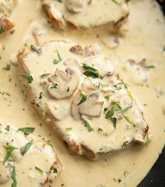 chicken with mushroom sauce in a skillet