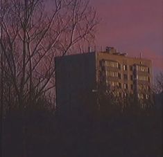 an apartment building is silhouetted against the evening sky with trees in the foreground