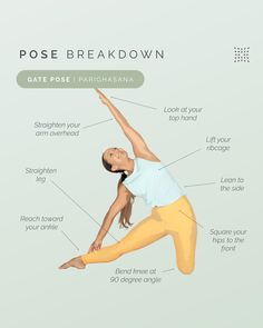 a woman is doing yoga poses with the words pose breakdown on her chest and bottom half