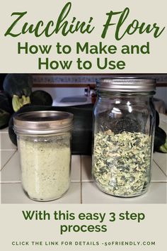 two jars filled with food sitting on top of a counter