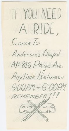 a handwritten notice to someone who is riding in a motorcycle with the words if you need a ride, come to anderson's chapel at 80 page ave